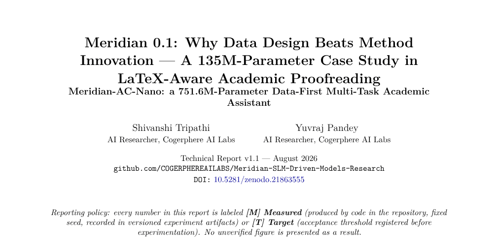 Meridian 0.1 — published research on a LaTeX-aware academic proofreading small language model