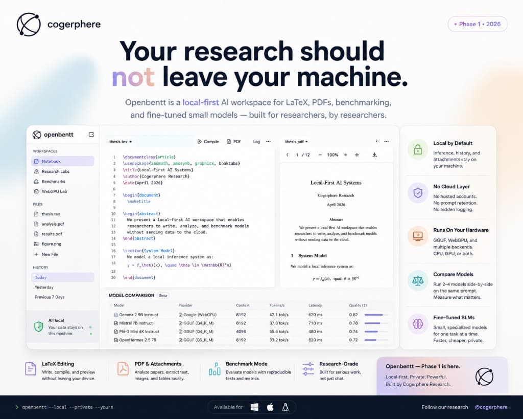 Openbentt workspace — LaTeX editor, PDF preview, AI assistant, and model benchmarking in one interface